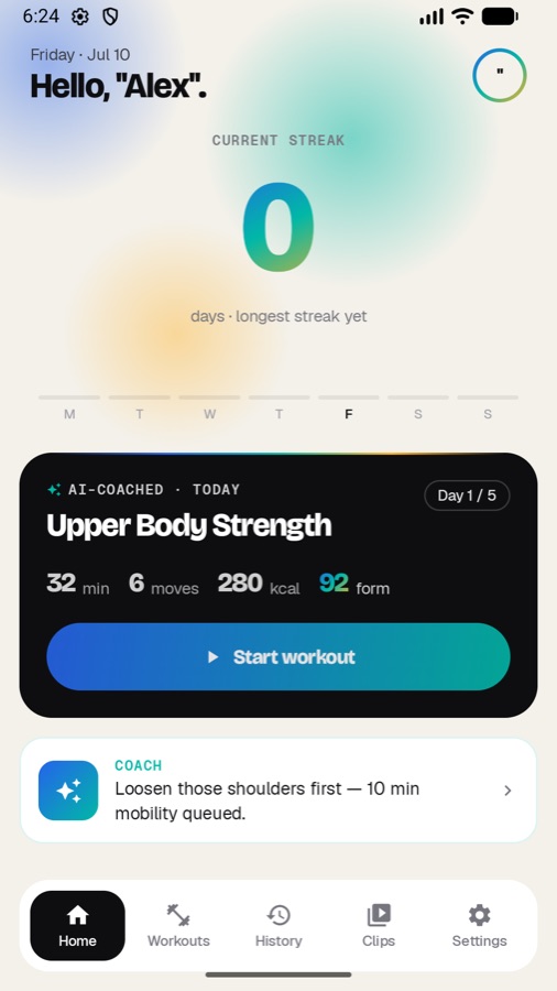 MoveMentor Fitness home screen showing a streak counter and today's AI-coached Upper Body Strength workout